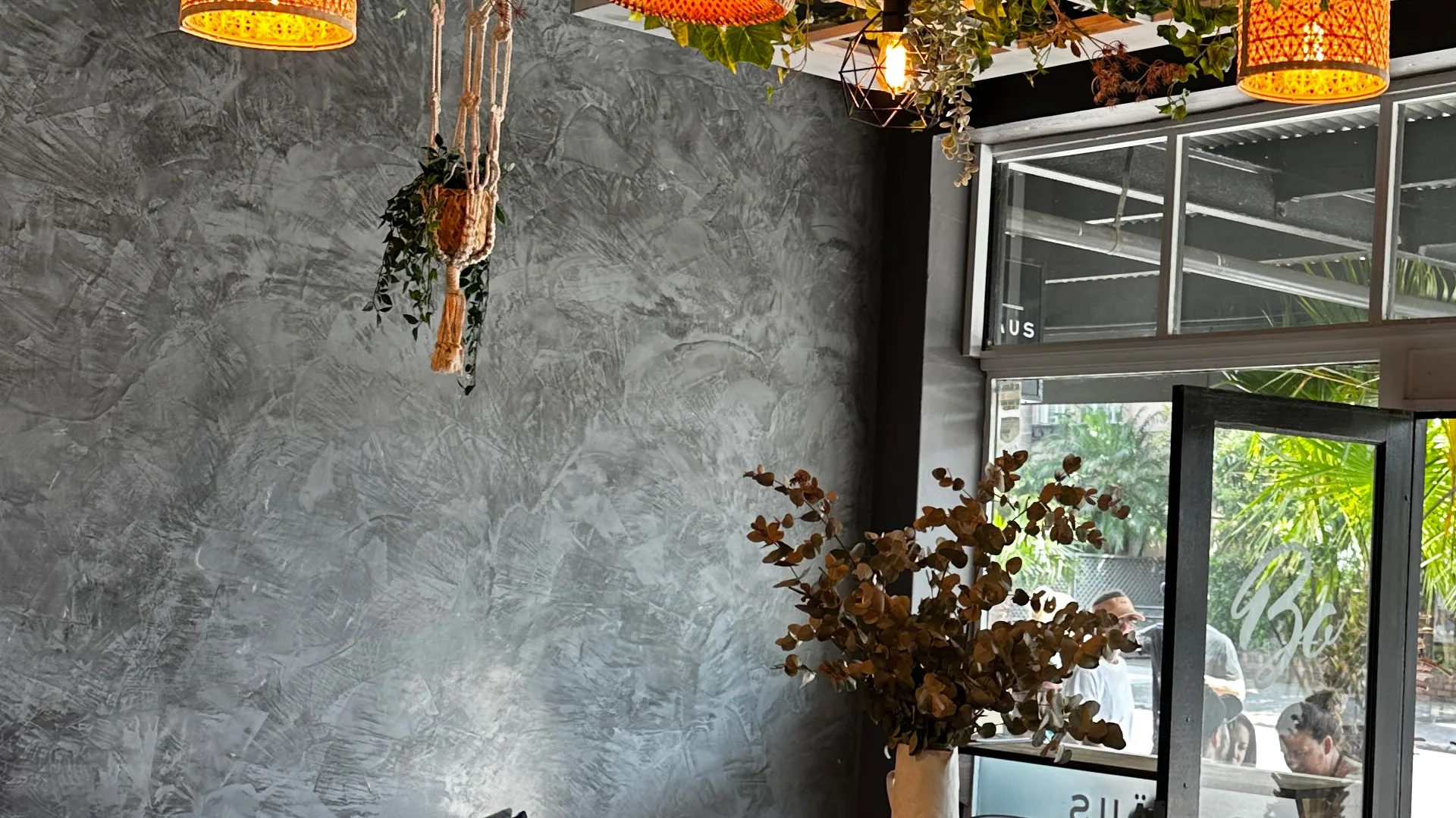 Bohaus Café - venetian plaster wall with hanging plants and window signage