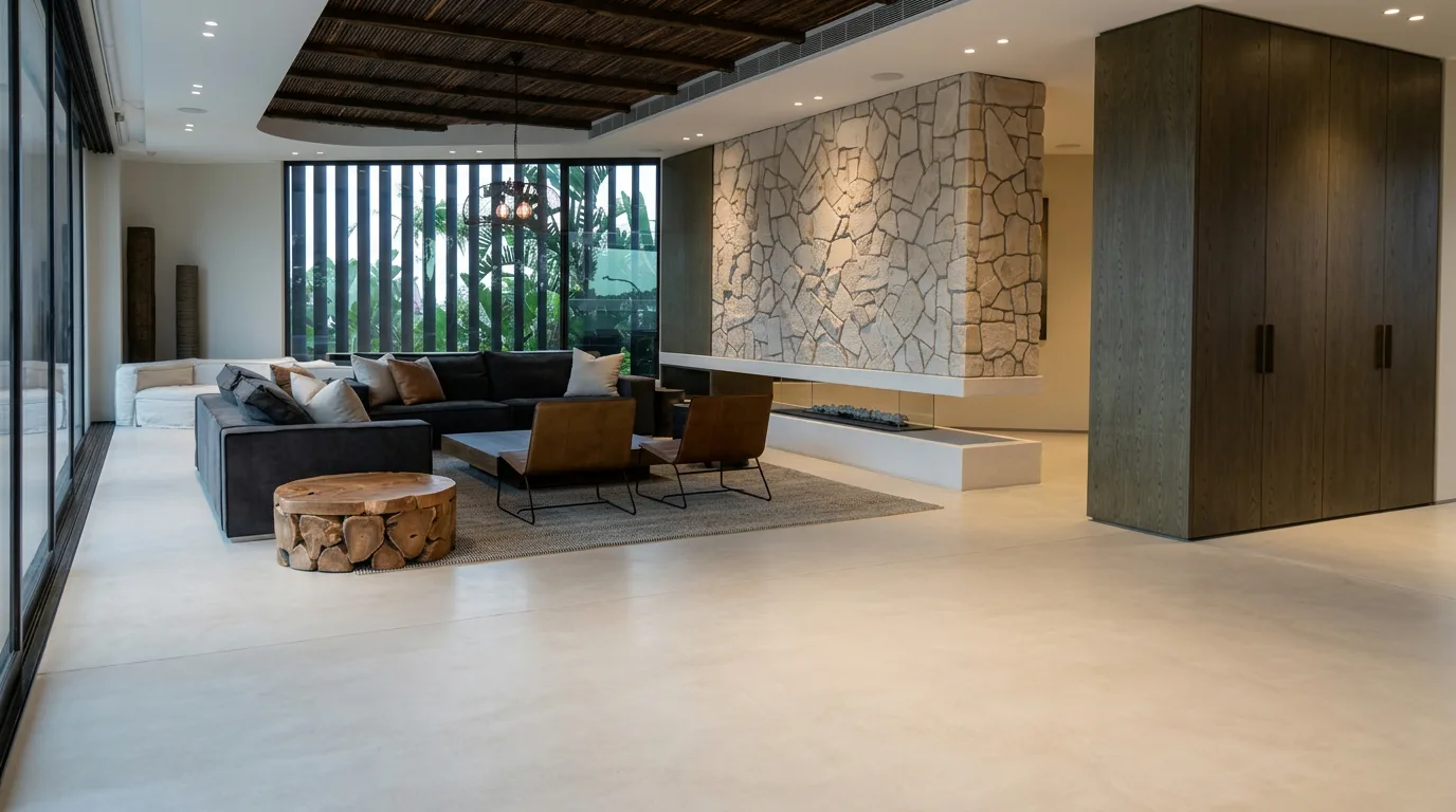 Clairvaux Road, Vaucluse - seamless microcement floor through the living room with stone feature wall
