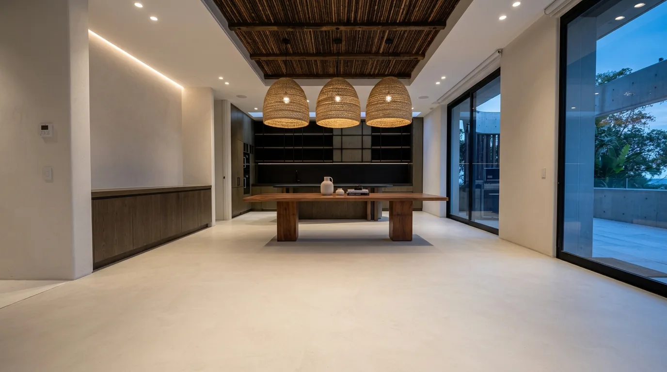 Clairvaux Road, Vaucluse - microcement floor in the dining area at dusk