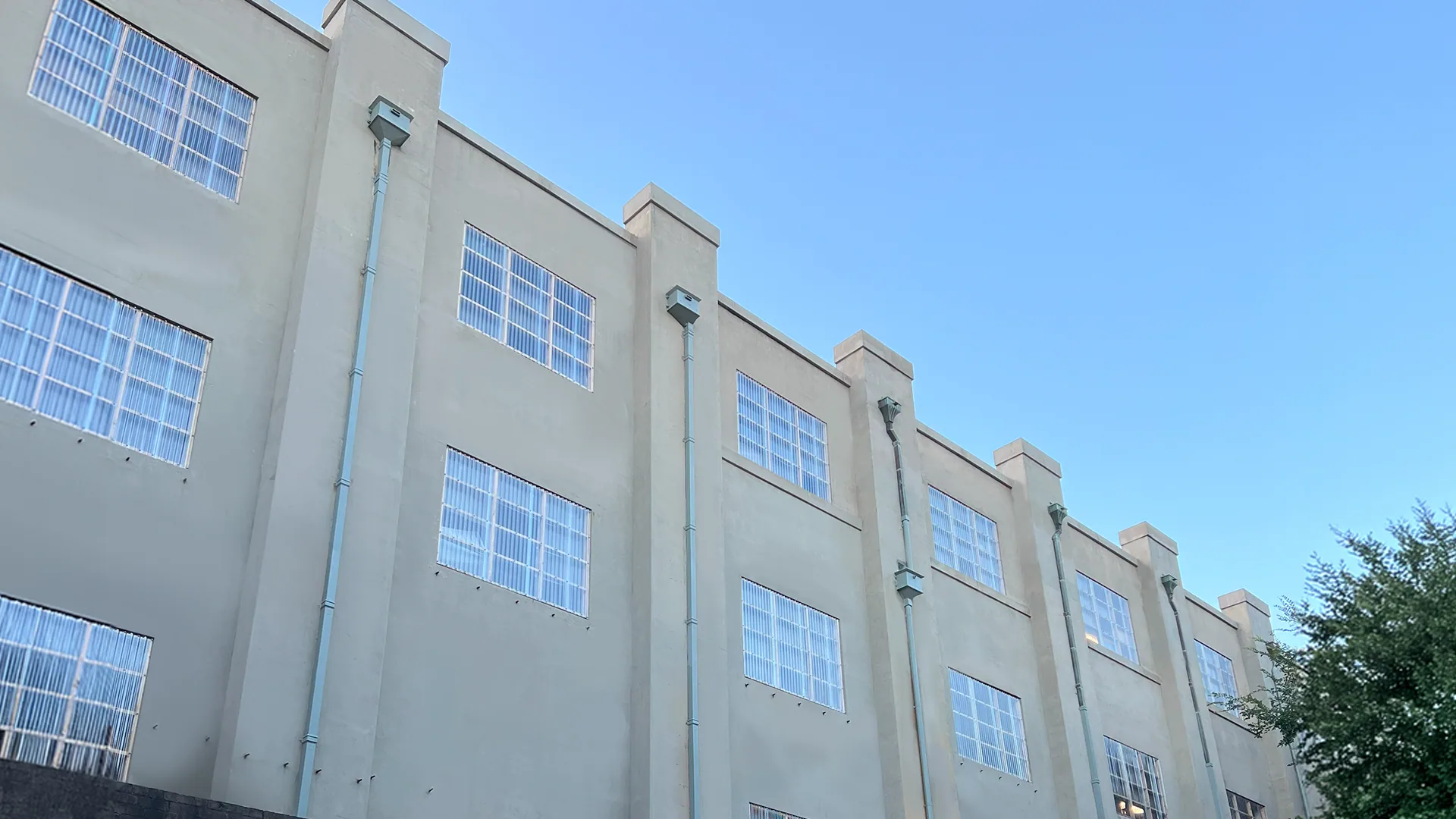 White Bay Power Station - restored art-deco rendered facade, frontal view