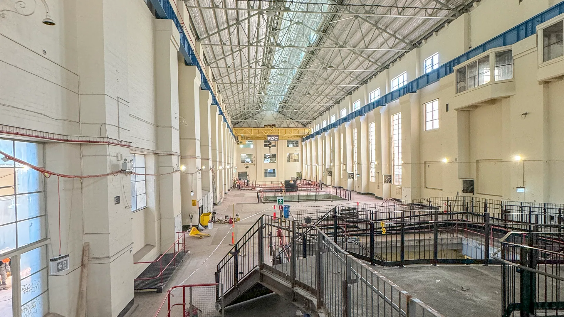 White Bay Power Station - turbine hall interior with steel roof trusses and gantry crane